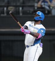 　６回、２ランを放つレイエス（撮影・西岡正）