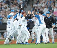 　９回、サヨナラ勝ちに大喜びする日本ハムナイン（撮影・西岡正）