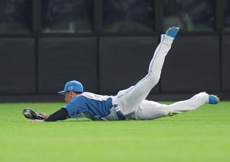 　５回、池田の中飛を好捕する矢沢（撮影・西岡正）