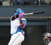 　９回、右越えにサヨナラソロを放つレイエス（撮影・西岡正）