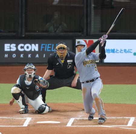 　６回、先制ソロを放つ大山（撮影・西岡正）