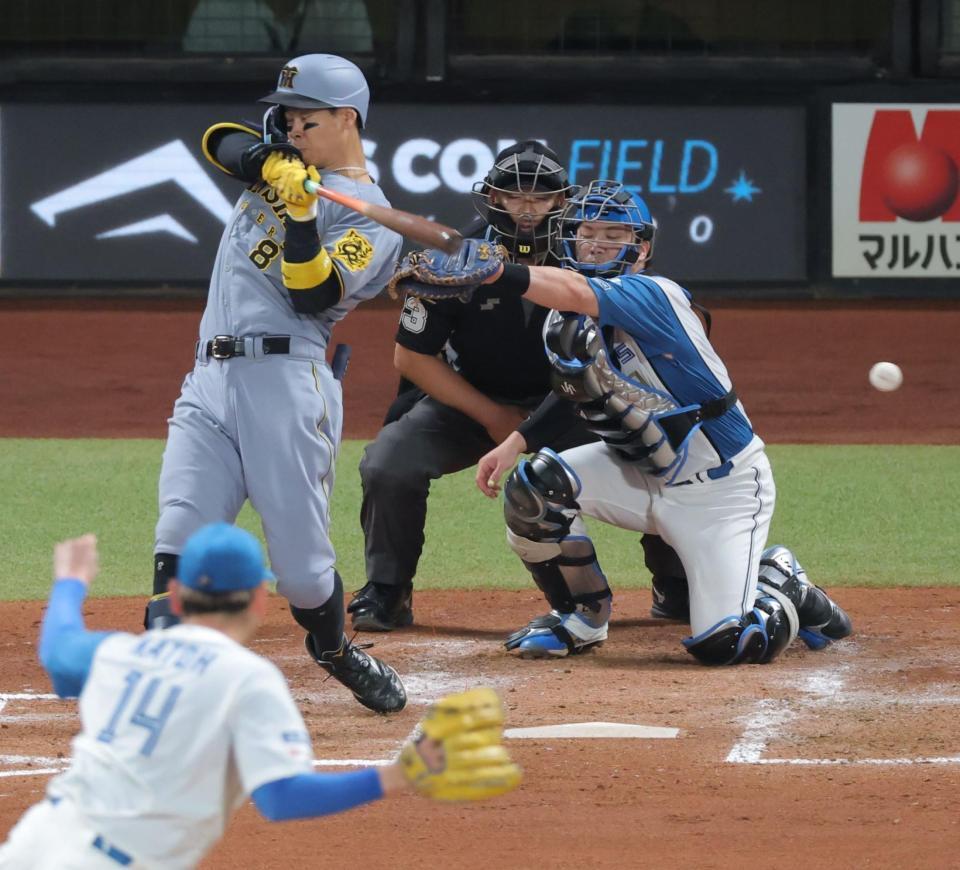 ４回阪神１死、空振りしたボールが手に当たった阪神・佐藤輝明＝エスコンフィールドＨＯＫＫＡＩＤＯ（撮影・西岡正）