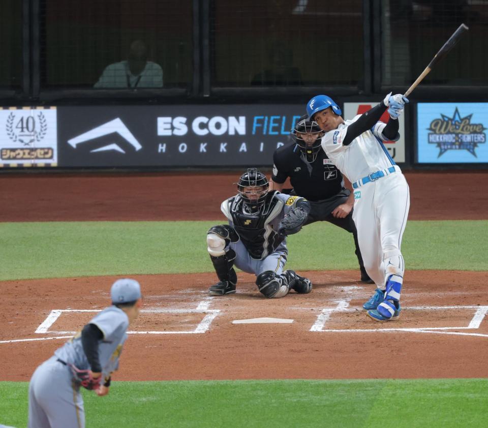 ２回、中越えソロを放つ万波（撮影・西岡正）