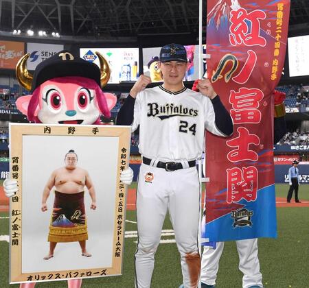 　「紅ノ富士」の写真とともにポーズを決める紅林（撮影・飯室逸平）