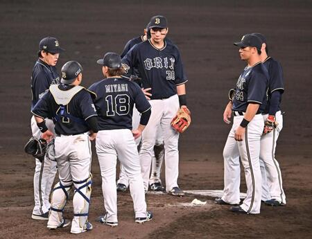 　７回、マウンドに集まる宮城（１８）らオリックスナイン（撮影・西田忠信）