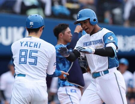 　５回、勝ち越しソロを放ち生還する万波（撮影・金田祐二）