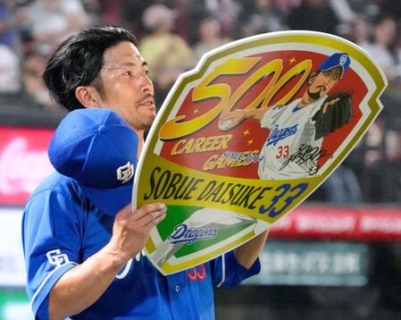 　通算５００試合登板を達成した祖父江