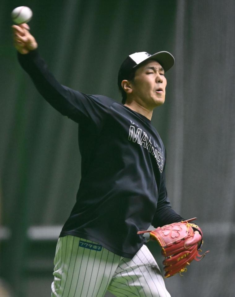 　キャッチボールで調整する石川柊（撮影・開出牧）