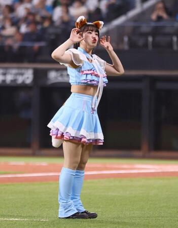 　期間限定衣装を着用してきつねダンスを踊るファイターズガールの中桐衣麻さん＝１０日、エスコンフィールド北海道