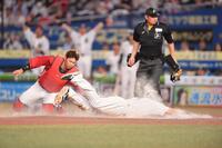 　４回、友杉篤輝の左犠飛で三塁からヘッドスライディングで生還する安田（手前）。捕手・坂倉（撮影・開出牧）