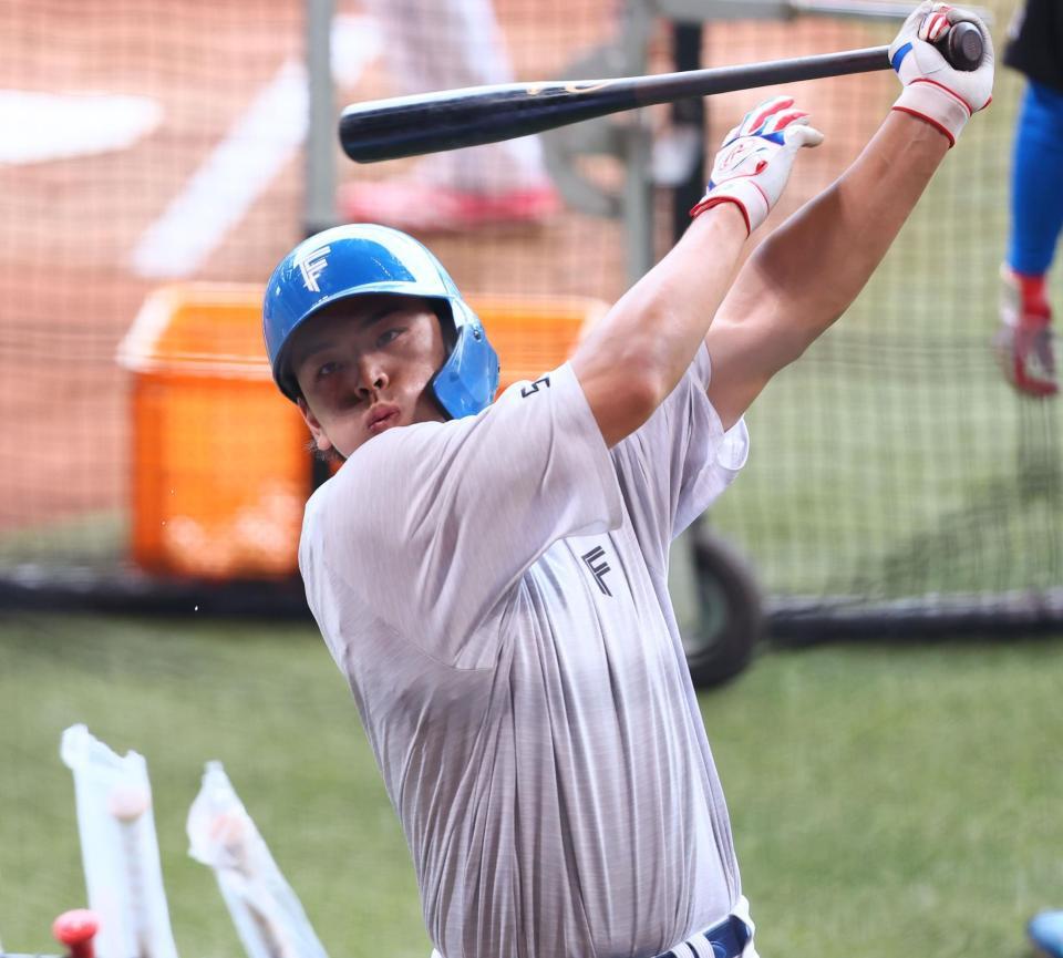 　１軍に合流し、打撃練習をする野村（撮影・中島達哉）