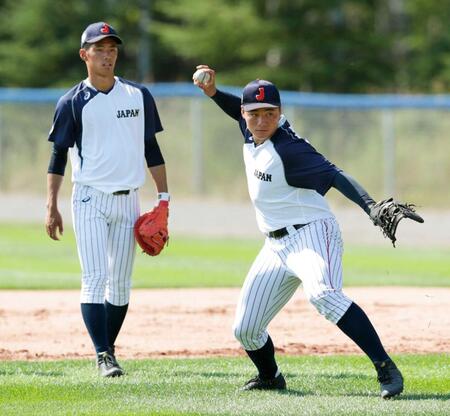 　カナダ・サンダーベイで初練習する中村奨（左）と清宮幸（２０１７年）