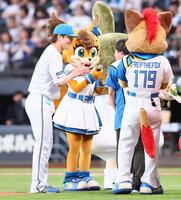 　試合前、プロポーズ大作戦が行われ、祝福する伏見（撮影・中島達哉）