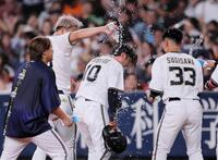 　１１回、サヨナラの押し出し死球を選び祝福される大城（中央）