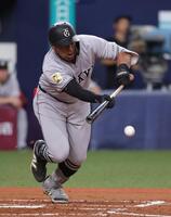 　３回、オコエはバントを決める（撮影・坂部計介）