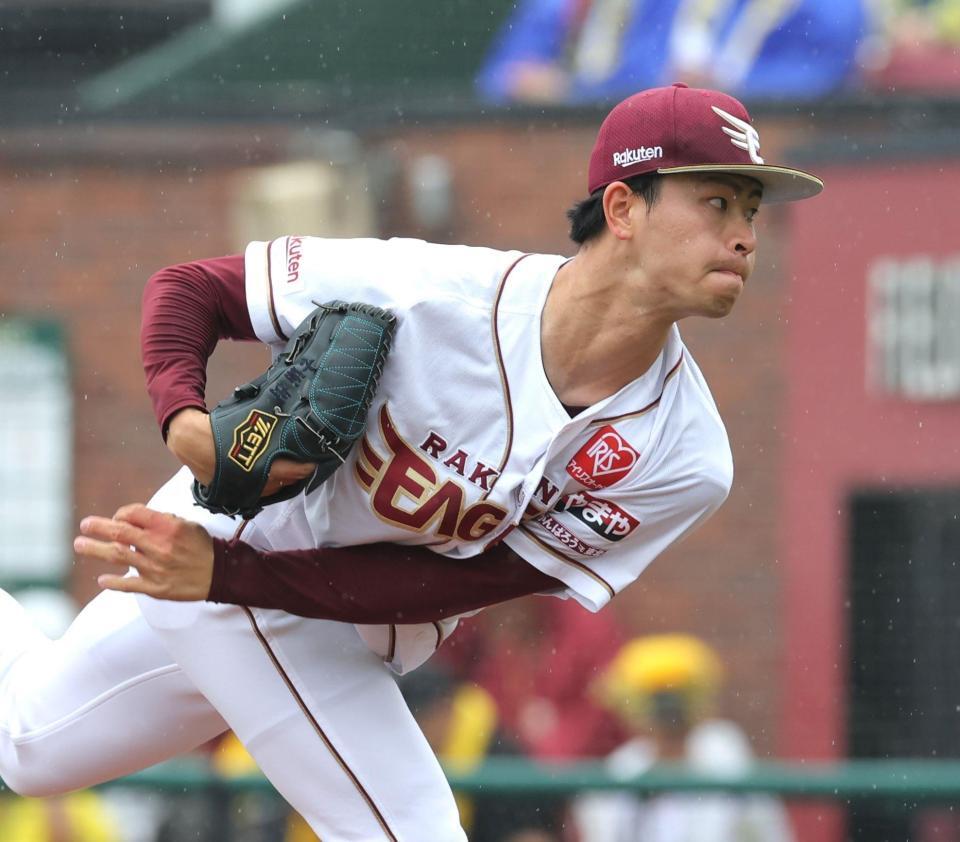 　力投する先発の古謝（撮影・西岡正）