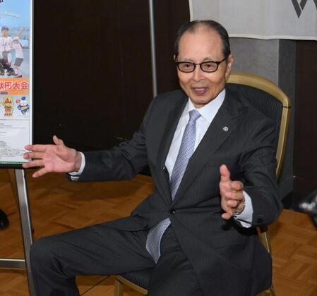 　「第３１回世界少年野球大会　秋田大会」に向けて抱負を語る王貞治理事長（撮影・堀内翔）