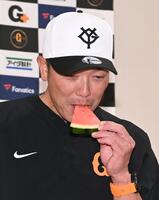 　試合前、千葉県富里市から贈呈されたスイカを食べる阿部監督（撮影・開出）