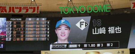 　ビジョンで「６番投手」と紹介された山崎（撮影・伊藤笙子）