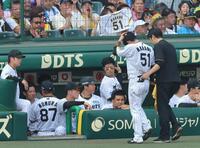 　６回、頭部死球を受け、ベンチ奥へ向かう中野（中央右）＝撮影・北村雅宏