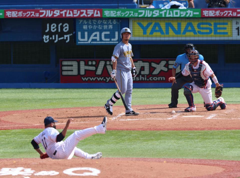 　５回、伊藤将のとき投球後に転倒するアビラ（撮影・金田祐二）