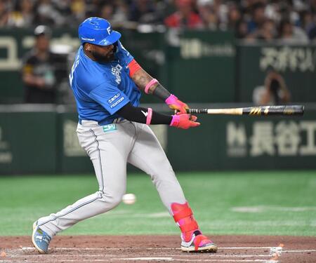 　５回、空振り三振に倒れたレイエス（撮影・開出牧）