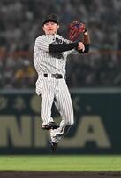 　８回、代打の巨人キャベッジの当たりで好守備を見せるも内野安打にする中野（撮影・西田忠信）