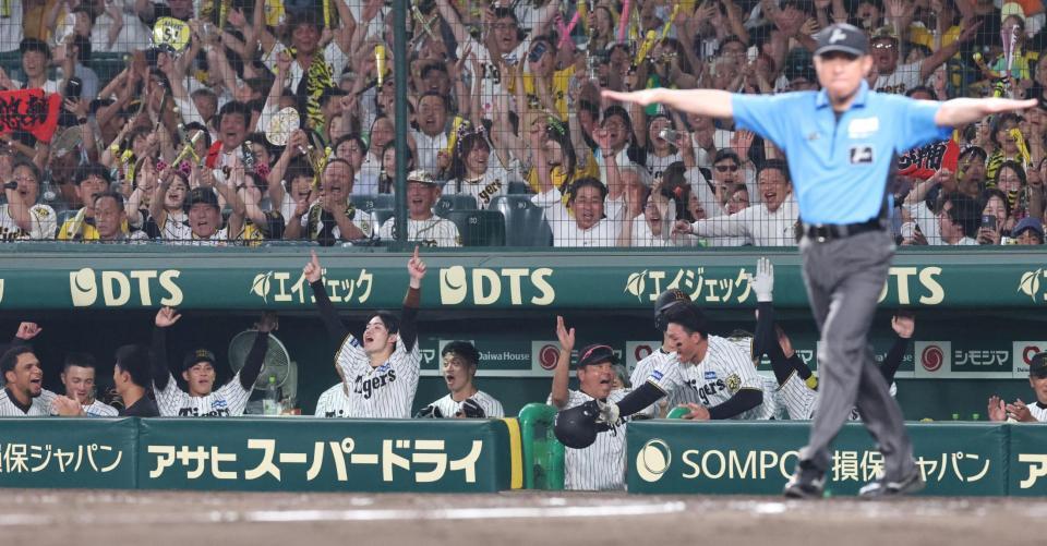 　８回、森下のタッチアウト判定がリクエストの結果、セーフ判定となり、盛り上がる阪神ナイン（撮影・北村雅宏）