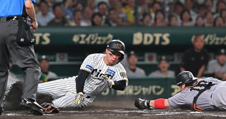 　８回、大山の打球で本塁へ滑り込む森下（左）＝撮影・西田忠信