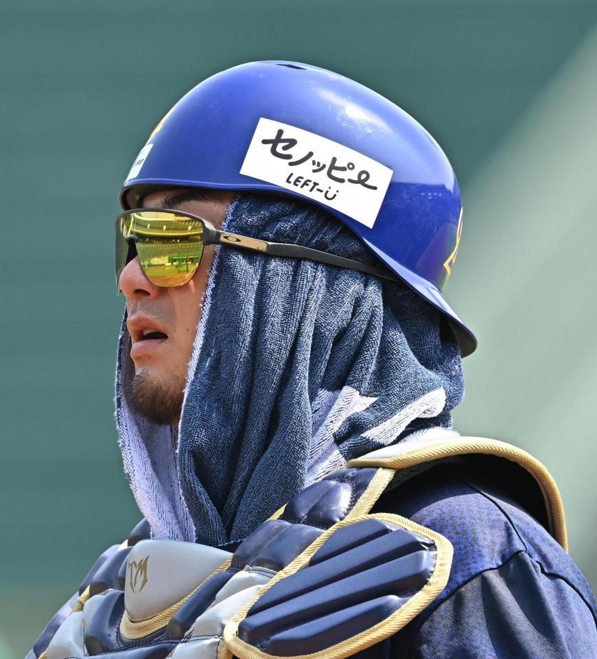 　日差しの対策をする森（撮影・西田忠信）