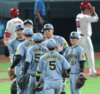 　連勝を飾り、ナインとタッチを交わす佐藤輝（中央）＝撮影・北村雅宏