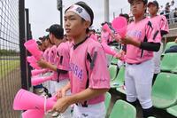 　桜色のＴシャツの左袖に喪章をつけてスタンドで応援する佐倉の野球部員（撮影・開出牧）