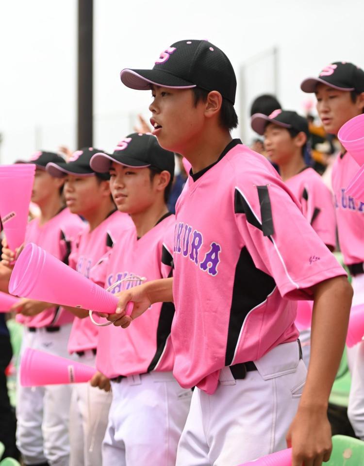 　桜色のＴシャツの左袖に喪章をつけスタンドで応援する佐倉の野球部員（撮影・開出牧）