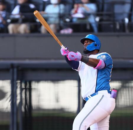 　５回、左越えに２者連続のソロを放つレイエス（撮影・中島達哉）