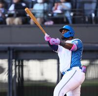 　５回、左越えに２者連続のソロを放つレイエス（撮影・中島達哉）