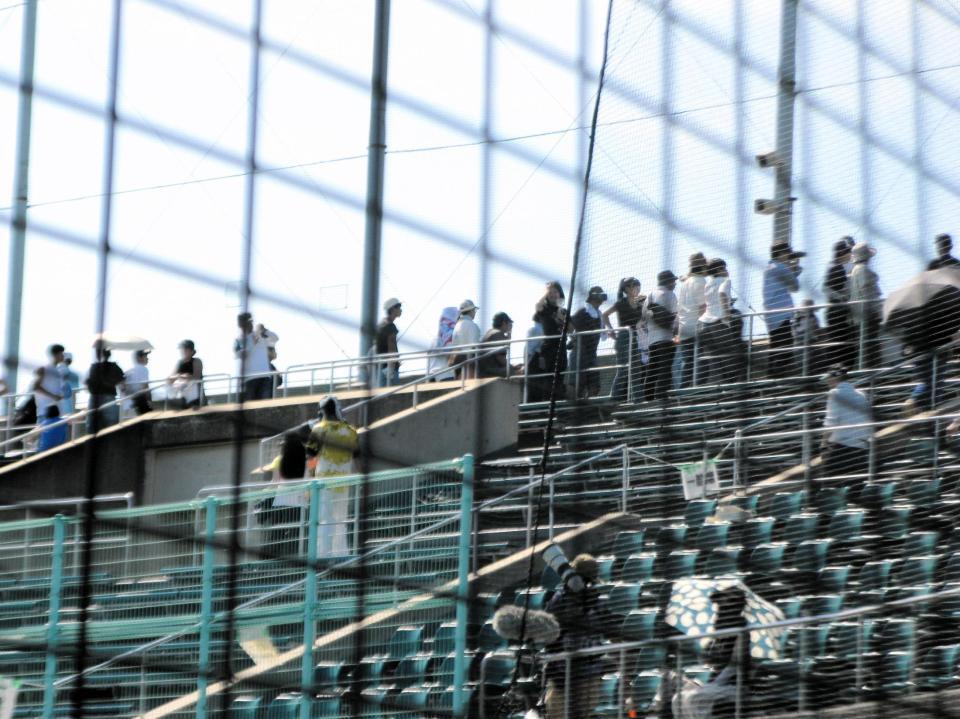 　５回終了の整備時間に空を見上げる一塁スタンドの観客たち