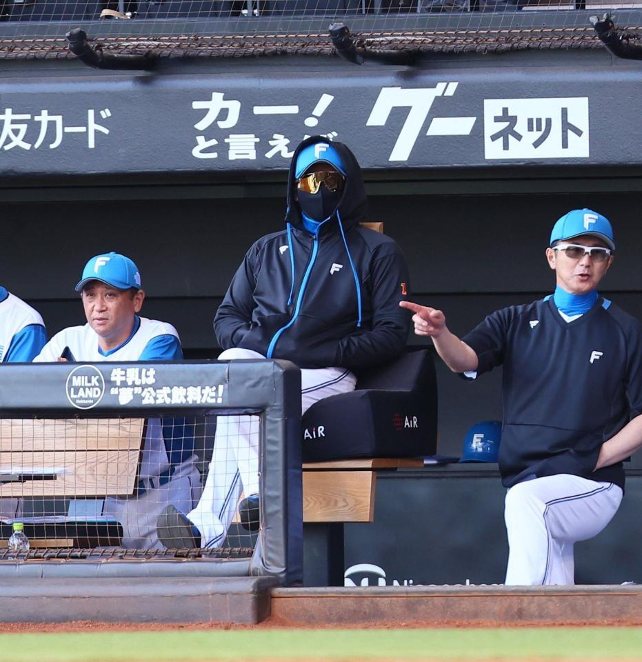 　サングラスをかけてフードを被り、戦況を見つめる新庄監督（中央）＝撮影・中島達哉