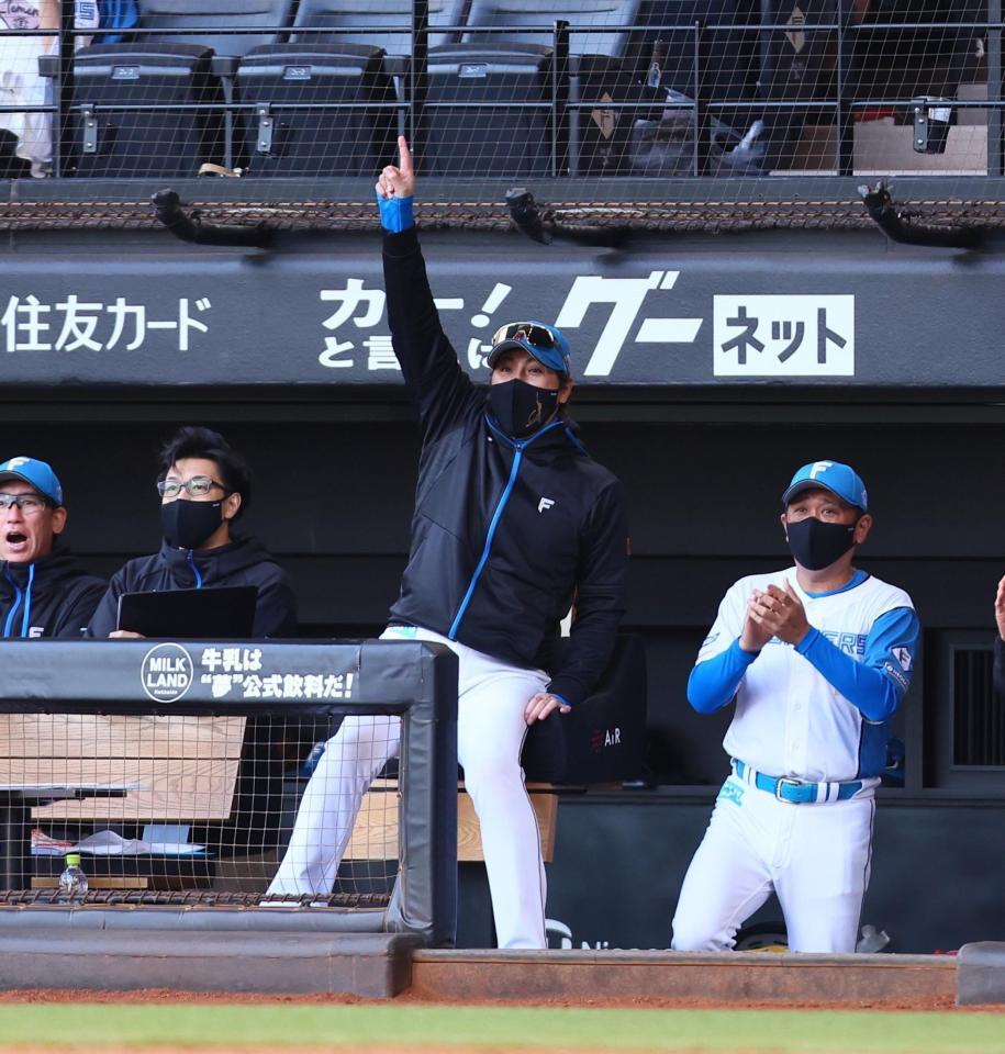 　５回、レイエスがソロを放ち、指を突き上げる新庄監督（中央）＝撮影・中島達哉