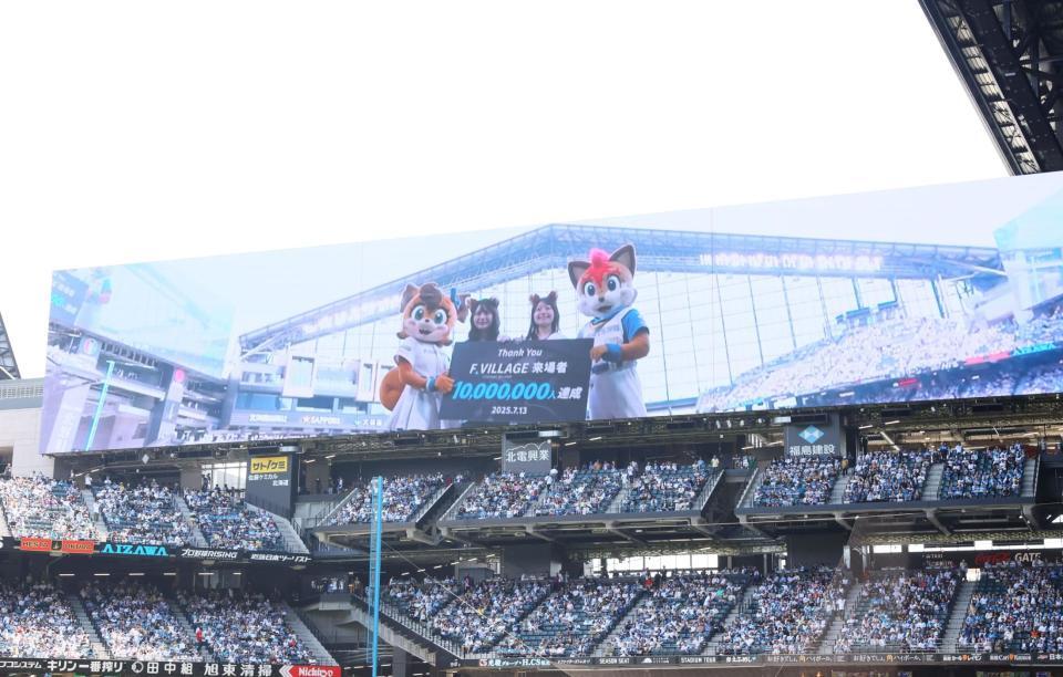 　本日の試合でＦビレッジ来場者１０００万人達成し、記念セレモニーが行われた（撮影・中島達哉）