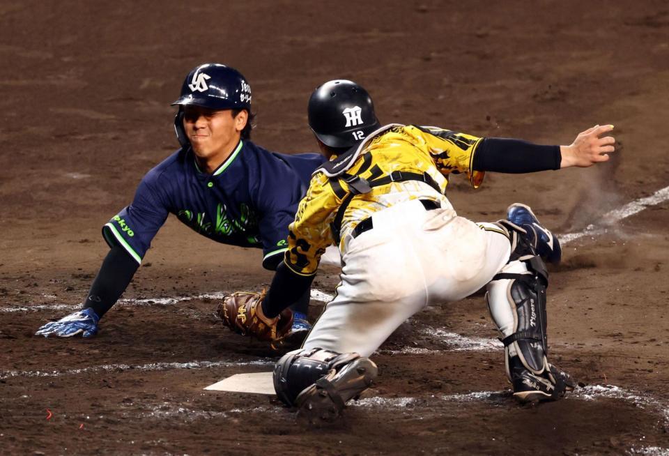 　９回、三走・武岡は本塁を狙うもタッチアウトになり試合終了する。捕手・坂本（撮影・山口登）