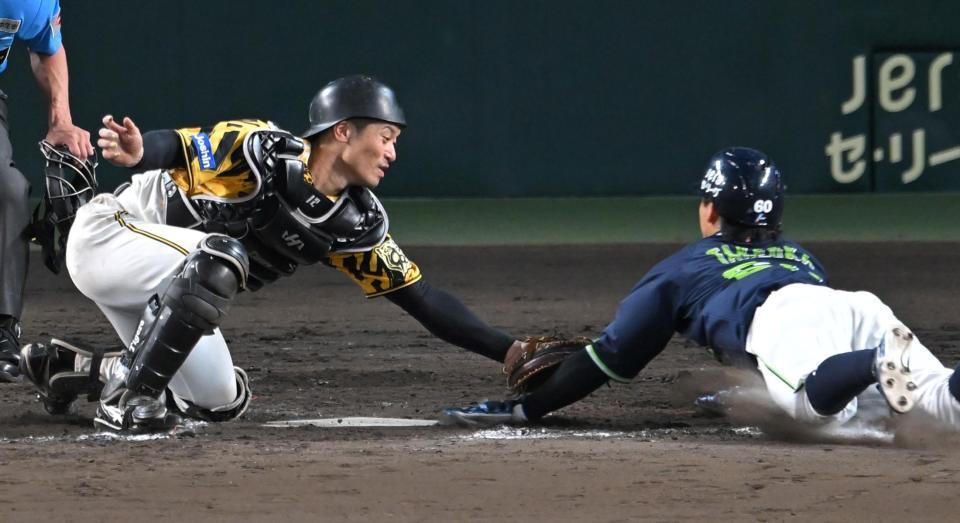 　９回、武岡の生還を阻止する坂本（撮影・飯室逸平）