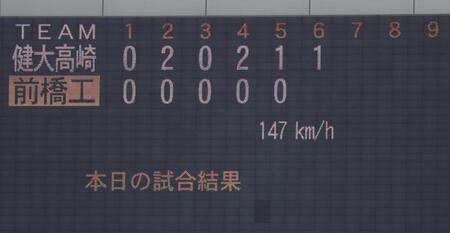 　６回、健大高崎・佐藤龍月は１４７キロをマークする（撮影・佐々木彰尚）