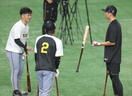 【写真】巨人・坂本と阪神２捕手が談笑　バット手に打撃論？