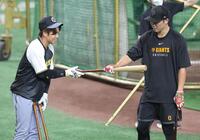 　坂本（右）にバットを手渡す梅野（撮影・西岡正）