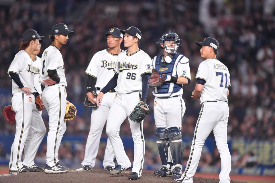 　６回、小川に左前打を打たれ降板した高島（９６）。右端は投手交代を告げた岸田監督（撮影・開出牧）