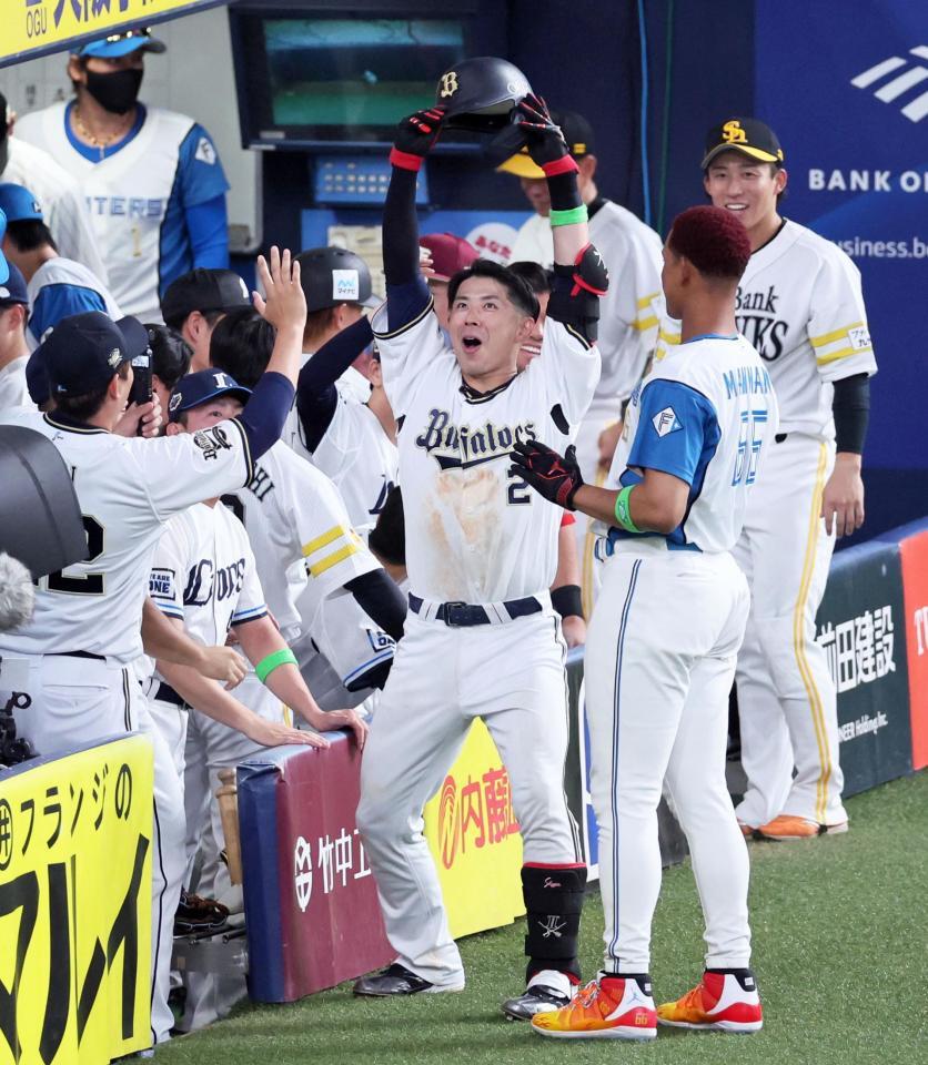 　７回、ソロを放って生還しベンチ前で喜びを爆発させる若月（撮影・立川洋一郎）