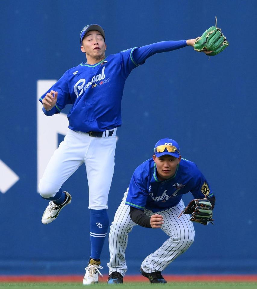 　試合前の守備練習をする岡林（左）とぶつかりそうになる森下（撮影・堀内翔）