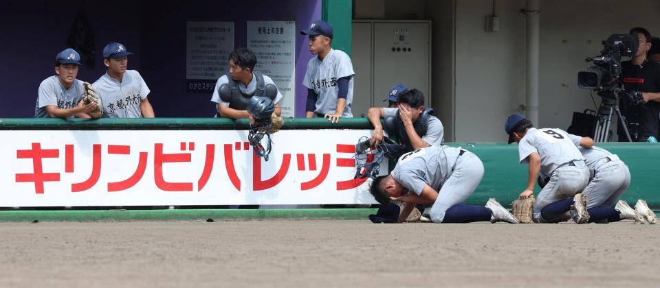 　鳥羽にサヨナラ負けを喫し、崩れ落ちる京都外大西ナイン（撮影・中田匡峻）