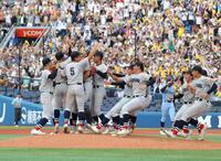 　甲子園出場を決め、喜ぶ横浜ナイン（撮影・西岡正）