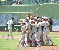 　報徳学園を破り、優勝を決め歓喜する東洋大姫路ナイン（撮影・西田忠信）